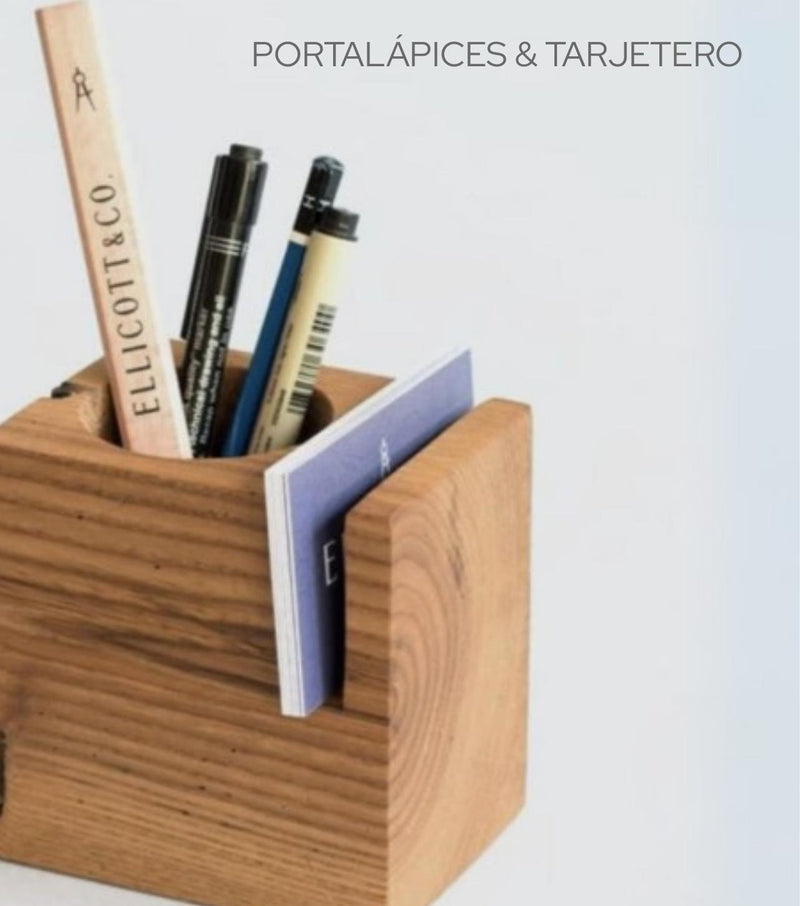 Portalápices con portacelular integrado de madera sólida - Pirinola