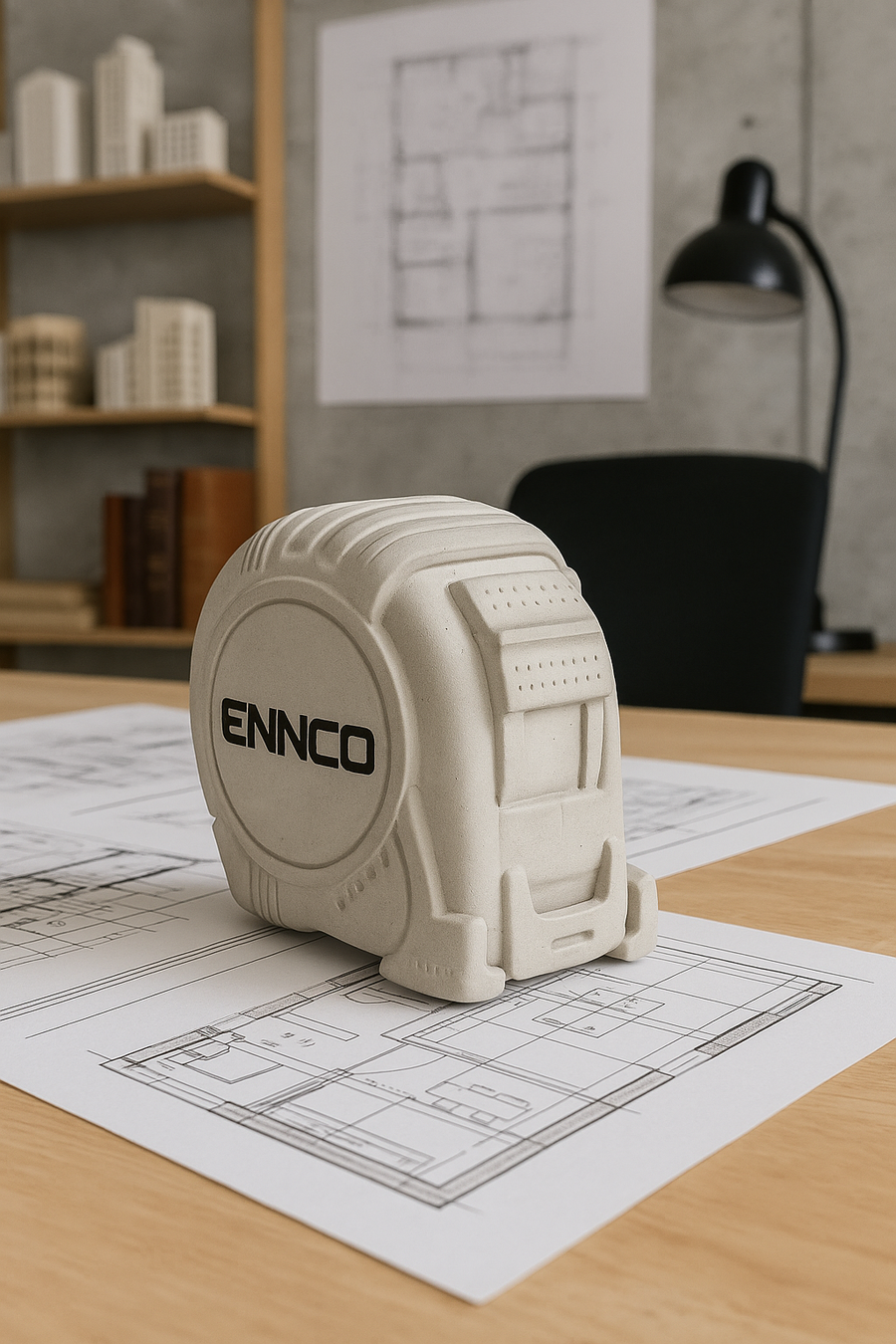 Regalo corporativo Pirinola: flexómetro de concreto grabado y pintado en negro con el logo de ENNCO