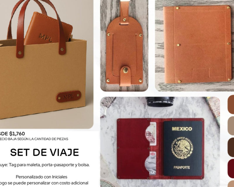 Set de Viaje Welcome Kit con tag de maleta, porta-pasaporte y bolsa de piel personalizada - Pirinola