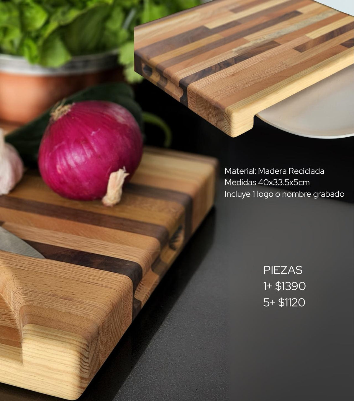 Tabla para Picar de madera reciclada premium para cocina ejecutiva - Pirinola