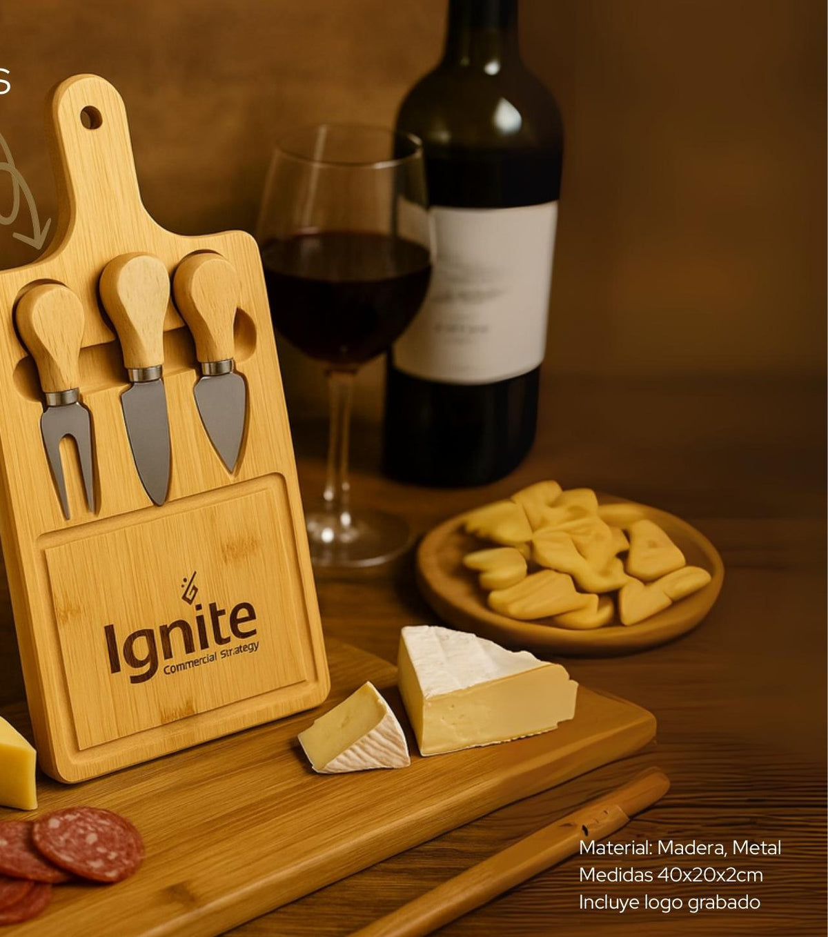 Tabla para Quesos con utensilios set gourmet artesanal de madera y metal - Pirinola
