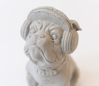 Concrete Bulldog Dog Sculpture With Headphones